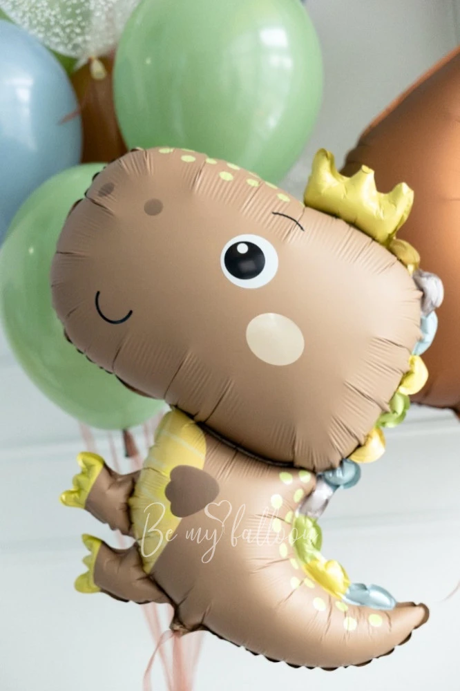 Small Brown Dino Helium Balloon Bouquet with Olive Number Balloon