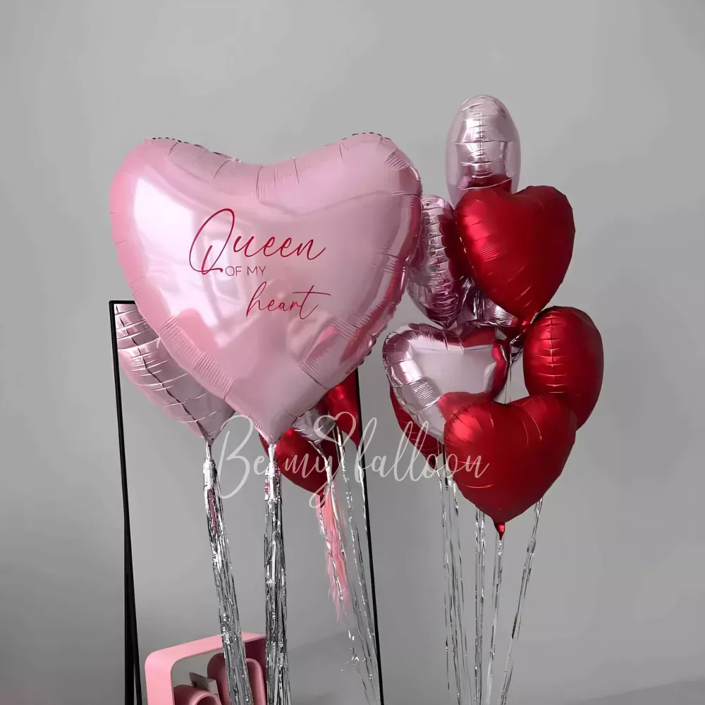 Pink and Red Heart Balloon Bunch with Silver Curtains and Weight