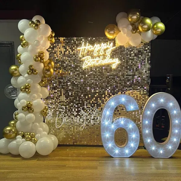 2.5m & 1.5m Anniversary balloon garlands with a backdrop & numbers 
