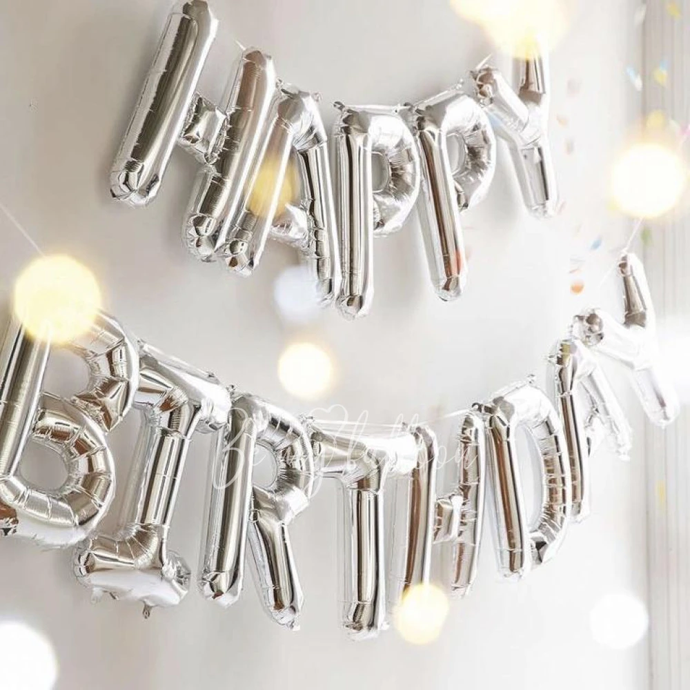 Air-filled foil gloss Silver Happy Birthday balloon garland