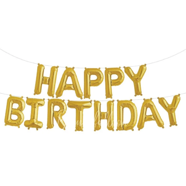 Гирлянда шаров из фольги под воздух Happy Birthday золотой глянец