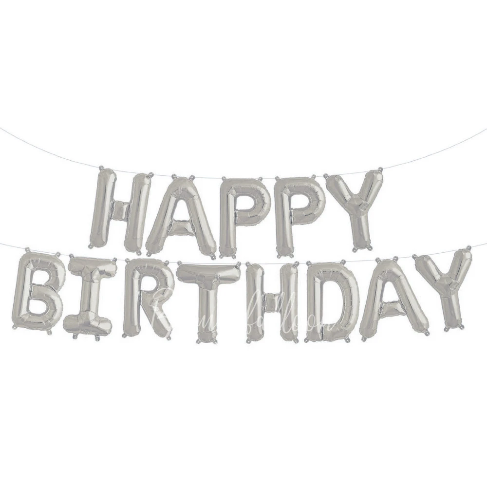 Air-filled foil gloss Silver Happy Birthday balloon garland
